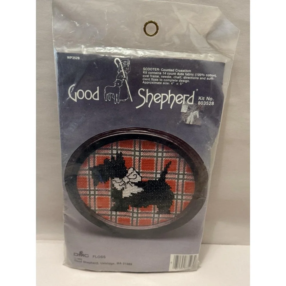 Vintage Scottie Dog Good Shepherd Cross Stitch Kit# 803528 Floss NOS Sealed Xmas